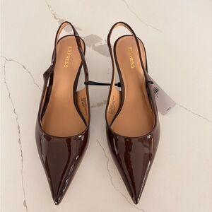 Express Dark Brown Patent Slingback Heels